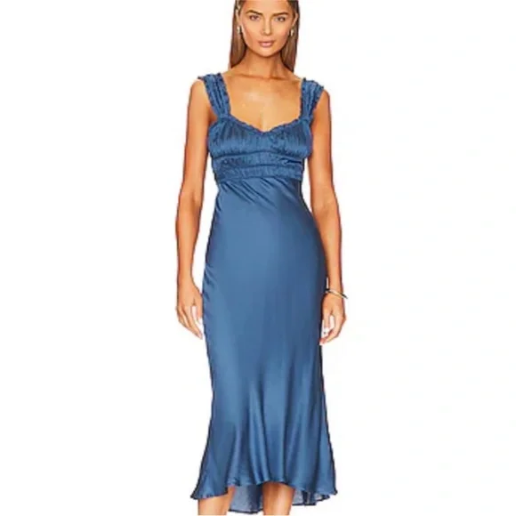 ASTR the Label Enola Satin Smocked Blue Midi Dress Wedding Bridal Baby Shower - Picture 2 of 6